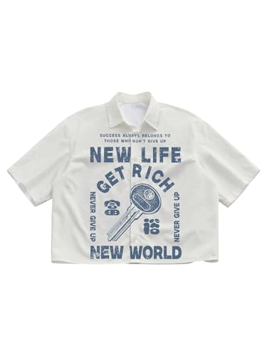 Men's Summer Oversized Shirts Letter Graphic Button Down Short Sleeve Casual Vintage Shirt Streetwear