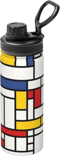 水筒 ピート・モンドリアン チェック柄 魔法瓶 500ml マグボトル 直飲み ステンレスマグ 真空断熱 保温保冷 ハンドル付き スポーツボトル おしゃれ 大人 子供用 大容量 軽量 漏れ防止 広口 お手入れ簡単 持ち運び アウトドア 自転車 [並行輸入品