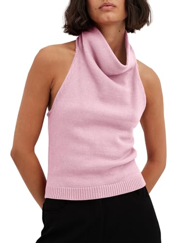 Image of Langwyqu Womens Turtleneck Sweater Vests Sleeveless Knit Halter Tank Tops Sexy Loose Cami Shirts
