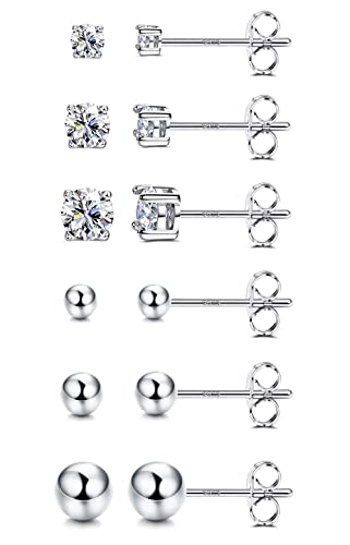 Hayoso 6 Pairs Sterling Silver Stud Earrings for Women, Cubic Zirconia Stud Earrings, Tiny Ball Stud Hypoallergenic Earrings, Small Tragus Cartilage Earrings Set for Men 2mm,3mm,4mm