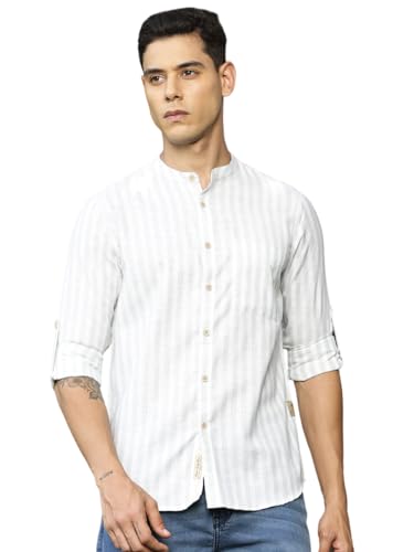 Image of Thomas Scott Men's Slim Fit Cotton Linen Casual Shirt with Mandarin Collar | Vertical Stripes | Three-Quarter Roll-Up Sleeves