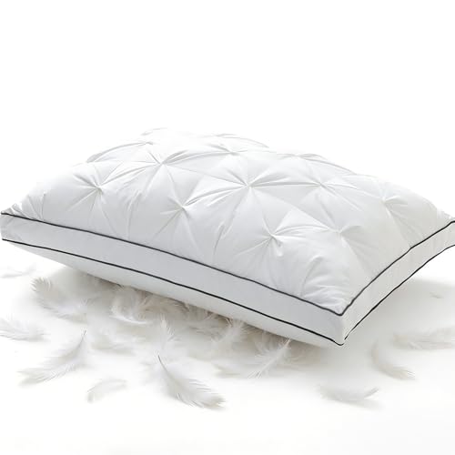 KUSNUG Premium Hybrid Goose Feather Down Pillows Queen Size with 100% Organic Cotton Cover Hotel Collection Bed Pillows for Sleeping White Fluffy Soft Gusseted Pillows (18x28+2Gusset Pack of 1)