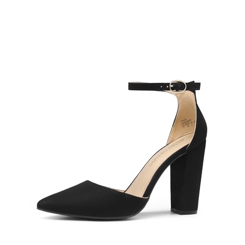DREAM PAIRS Women's Coco High Heels Chunky Block Pumps Pointed Closed Toe Ankle Strap Dress Shoes 5 Black/Suede