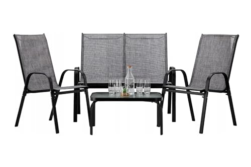 VBChome Gartenmöbel-Set 4-teilige Grau - Schwarz Zwei Stühle Sofa und Tisch mit Gehärtetes Glas Stahlrahmen Stoffmaterial Stabile Konstruktion Balkon Terrasse Garten Moderner Stil Gartenmöbel