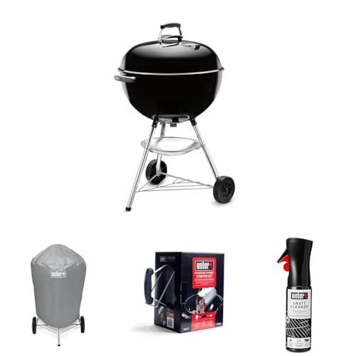 Weber Bar-B-Kettle Barbacoa De Carbón, Negro, 1331004 7176, Funda Para Barbacoa De Carbon Set Chimenea Con Briquetas Encendido Blancas, 17631 Producto De Limpieza Para Parrilla Y Horno, 17875
