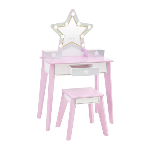 Image of Teamson Kids Star Vanity Set with LED Lights for Girls, Pink 2-Piece Kids Makeup Table with Mirror, 3 Storage Drawers & Matching Stool for Bedroom or Playroom, Ages 3+ Safe | LED Lights, Makeup Table with Mirror, 3 Storage Drawers, Matching Stool, Bedroom or Playroom