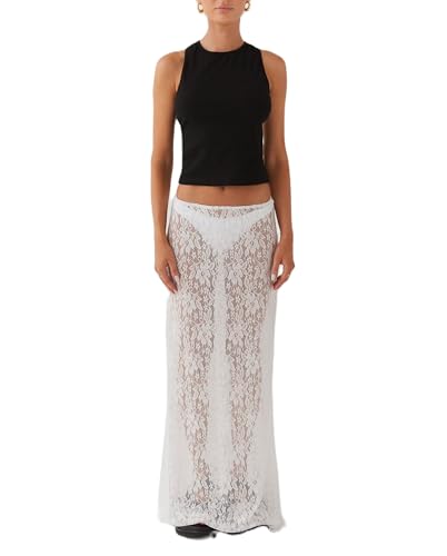 ensswliz Women Lace Long Skirt High Waist See Through Midi Skirts Summer Elegant Beach Party Slim Fit Maxi Skirts (A-White, M) - Image 4