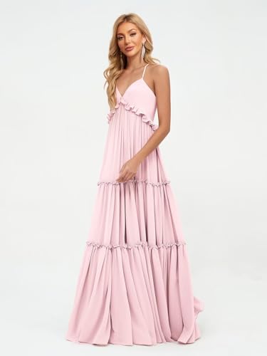 Tiered Bridesmaid Dresses Long for Women V Neck Sexy Halter Spaghetti Straps Chiffon Formal Dress IK0763