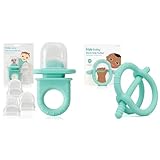 Frida Baby Push Pop Feeder, Baby Fruit Feeder + Get-A-Grip Teether Teething Toy | 100% Food-Grade Silicone Food Pacifier & Teether Toy for Baby 0-6, 12, 18 Months Infant, (Teal)