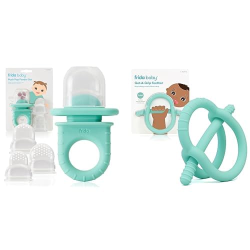 Image of Frida Baby Push Pop Feeder, Baby Fruit Feeder + Get-A-Grip Teether Teething Toy | 100% Food-Grade Silicone Food Pacifier & Teether Toy for Baby 0-6, 12, 18 Months Infant, (Teal)