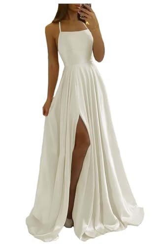 Image of Women Long Formal Dress Solid Satin Spaghetti Straps A Line Evening Cocktail Dresses with Slit