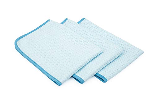 The Rag Company - Dry Me A River - Professional Korean 70/30 Blend, Microfiber Waffle-Weave, Drying & Detailing Towels, Soft Suede Edges, 390Gsm, 16In X 24In, Light Blue (3-Pack) #TOP1