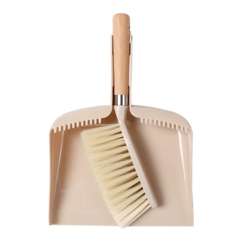 ABOOFAN Set 2 Pièces Balai et Pelle Mini Beige Poils Épais et Pointus, Manche en Bois, pour Bureau et Rebord de Fenêtre, Outil de Nettoyage Compact et Pratique