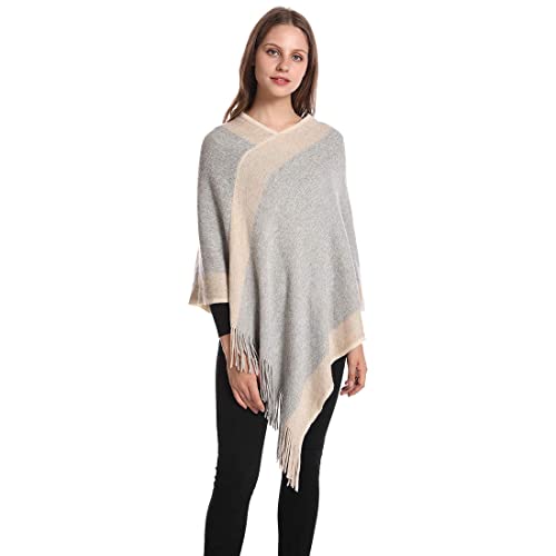 Image of Women's Elegant Knitted Shawl Poncho with Fringed V-Neck Striped Sweater Pullover Cape Gifts for Women Mom