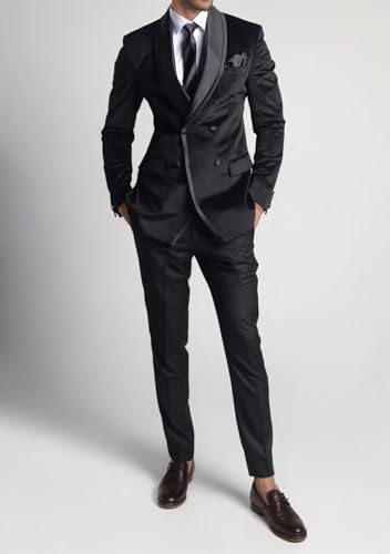 Mens Velvet Suit 2 Piece 4 Button Tuxedo Shawl Lapel Suits for Men Double Breasted Blazer Pants for Party Mens Suits4