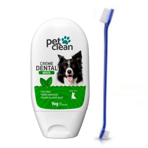 Pasta de Dente Sabor Menta Pet Clean e Escova de Dente para Higiene Bucal de Cães