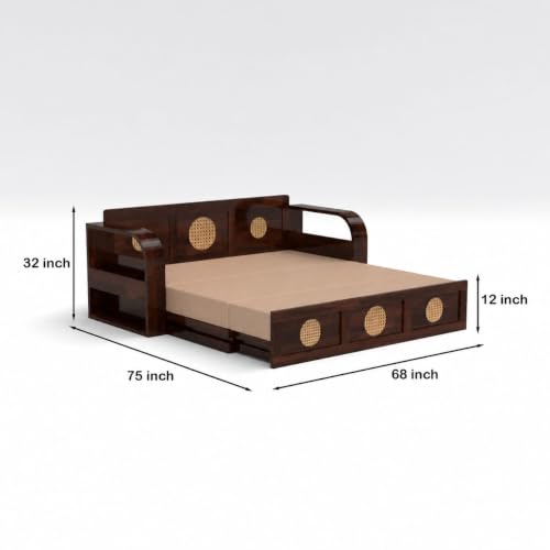 Image of Kunjal Furniture Solid Sheesham Wood Sofa Cum Bed with Storage for Living Room | 3-Seater Convertible Sofa Bed | Handmade Wooden Furniture (Walnut+Beige, Round Cane)