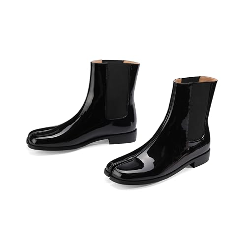 Split Toe Patent Leather Ankle Boots Chelsea Block Low Heels Short Bootie Slip-on Classic Elastic Neutral Booties4