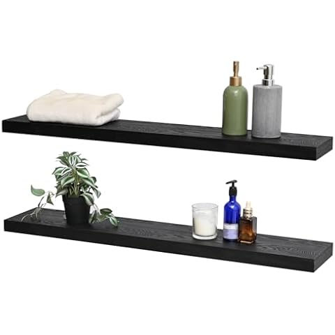 FUIN Wood 36 in Floating Shelves for Wall Storage, Wide Rustic Wooden Wall Mounted Shelf 6.69 inch Deep for Bedroom, Kitchen, Living Room, Bathroom, Set of 2, Black Cover