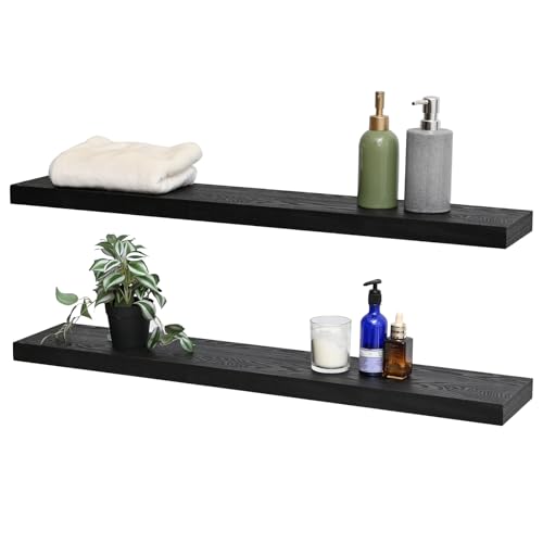 FUIN Wood 36 in Floating Shelves for Wall Storage, Wide Rustic Wooden Wall Mounted Shelf 6.69 inch Deep for Bedroom, Kitchen, Living Room, Bathroom, Set of 2, Black