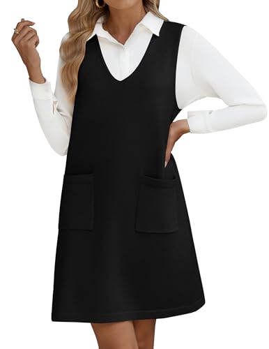Hotouch Damen Kleider V Ausschnitt ärmellos Strickkleider Knit Pullunder Kleid Freizeitkleider Loose Casual Lang Sweater Vest mit Taschen
