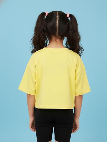Image of KiddoPanti Girls 100% Cotton Solid Drop Shoulder Half Sleeve Round Neck Crop Tee