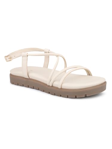 Inc.5 Women Cream Striped Open Toe Flats With Backstrap (B0CNKMHHS8) Amazon Price History, Amazon Price Tracker