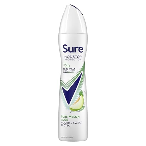 Sure Women Nonstop Protection Pure Melon Aloe Deodorant Body Spray Antiperspirant with body heat activated technology for 72 hour odour and sweat protection 250 ml Pack of 6