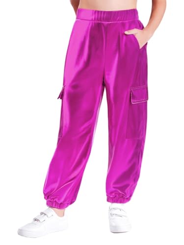 FEESHOW Metallic Cargo Pants for Girls Boys Hip Hop Dance Multi-Pocket Active Joggers Pants Sweatpants