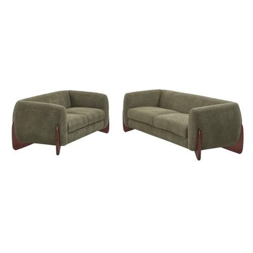 Image of Upholstered 3 Seater Sofa Three Seater Sofa with Wooden Legs for Living Room Hotels & Offices (3+2 Boucle Green)