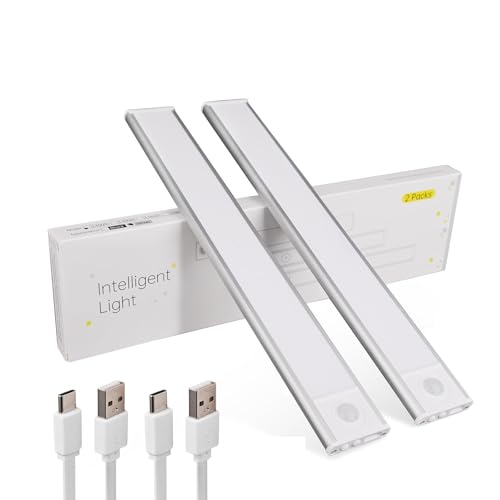 Under Cabinet Lighting, Motion Sensor 54 LED Under Cabinet Lights, 2Pack Rechargeable, 12inch 3 Colors Dimmable Closet Lights Under Counter Lights for for Kitchen, Shelf, Stair, Hallway