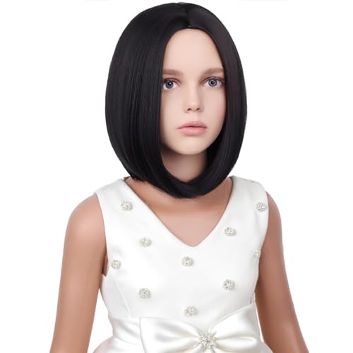 Image of Kids Black Wigs Black Bob Wig Short Middle Part Wigs for Girls Child Daily Halloween Cosplay Synthetic Wigs