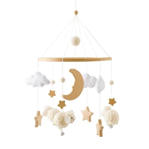 Tiere Mobile Baby Windspiele, Stern Mond Lamm Mobile Baby Holz mit Filzbällen, Mobile Baby Mädchen Bettglocke Anhänger für Babybett Jungen und Mädchen (Weiß)