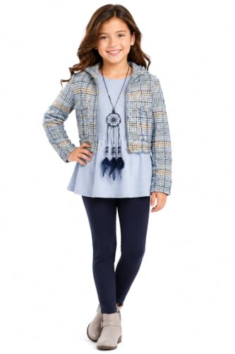 Image of iGirlDress Girls 4 Pieces Pant Set Long Sleeve Jacket Necklace Floral Plaid Pant 4-16