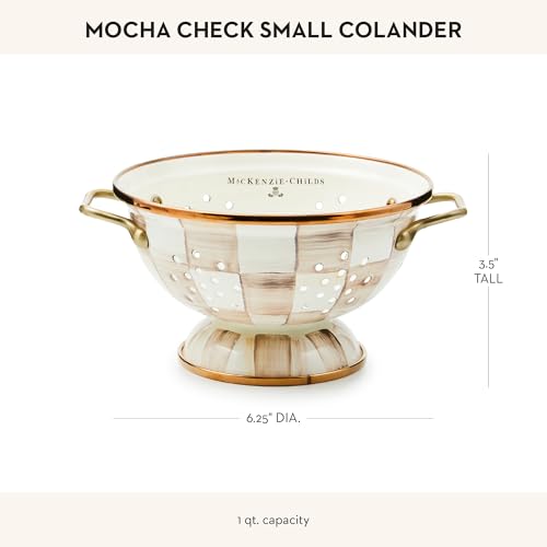 Image of MACKENZIE-CHILDS Enamel Colander, Decorative Kitchen Strainer, Small, Brown-and-White Mocha Check