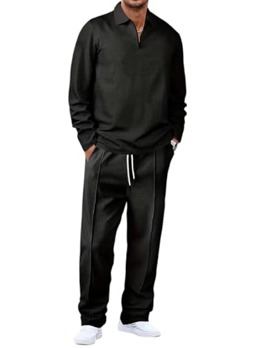 Image of Jawdrobe Men's Waffle-Check Co-Ord Set | Self-Textured Collar Top | Drawstring Jogger Pants | Cotton-Blend Loungewear /Night-Suit | Casual Travel & Streetwear Two-Piece