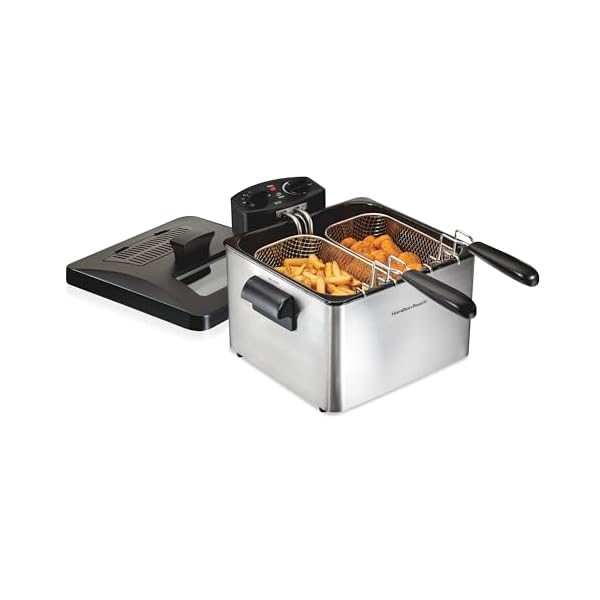Hamilton Beach Deep Fryer with 2 Frying Baskets, 19 Cups / 4.5 Liters Oil Capacity, Lid with View Window, Professional Style, Electric, 1800 Watts, Stainless Steel (35036)
