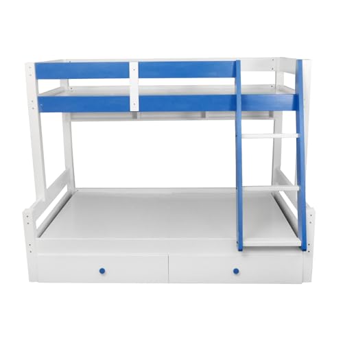 Image of KIDOMATE Mandarin Solid Wood Bunk Bed for Kids with Underbed Storage & Toy Rack | Space-Saving Twin Bed with Guard Rails, Ladder, Safety Design for Boys & Girls Bedroom (Blue, Single Over Double)