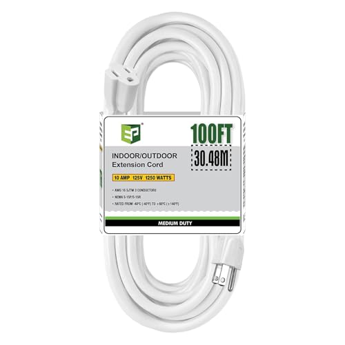 Image of EP 100FT Outdoor Extension Cord, 16 /3 SJTW Heavy Duty White, ETL Listed