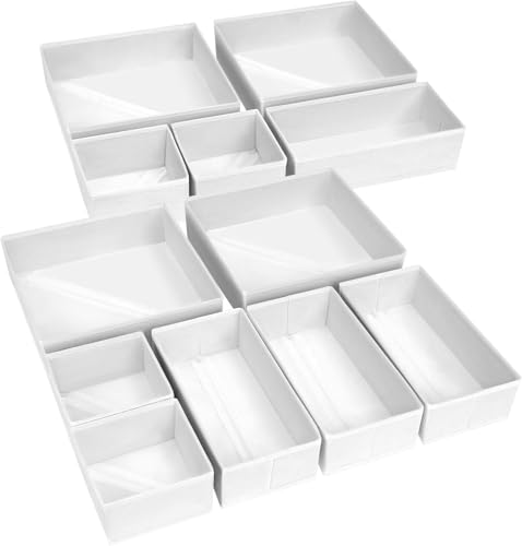 DIMJ Organizador Cajones Ropa Interior   Divisores de Cajones Juego de 12 Cajas Almacenaje Plegables de Tela Para Guardar Ropa, Organizadores de Cajones No Tejidos, Ropa Interior, Blanco Claro