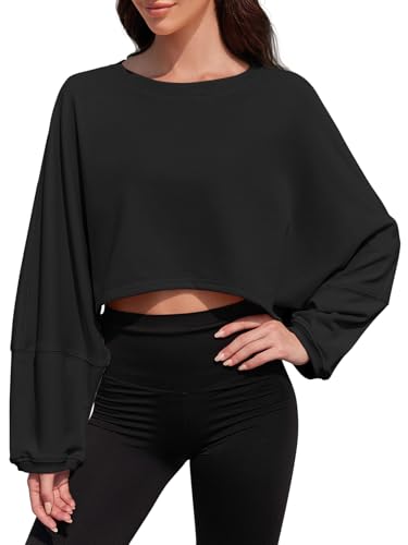 Tankaneo Womens Ballon Long Sleeve Crop Tops Workout Shirts Fall Sweatshirt | Cropped Sweatshirt, Sweatshirt for Women, Crewneck Sweatshirts, Pullover, Loose Fit, Active, 2026 Fall Winter Outfits - image 2