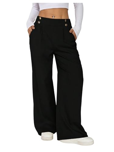 GORGLITTER Women's Work Wide Leg Dress Pants Button Front Pleated High Waist Trousers