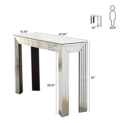 Blingworld Mirrored Console Table, Silver Entryway Table With Line Design Mirror Finished, 47'' Long Accent Narrow Table, Glass Sofa Table Foyer Table For Living Room Hallway Entrance #TOP1