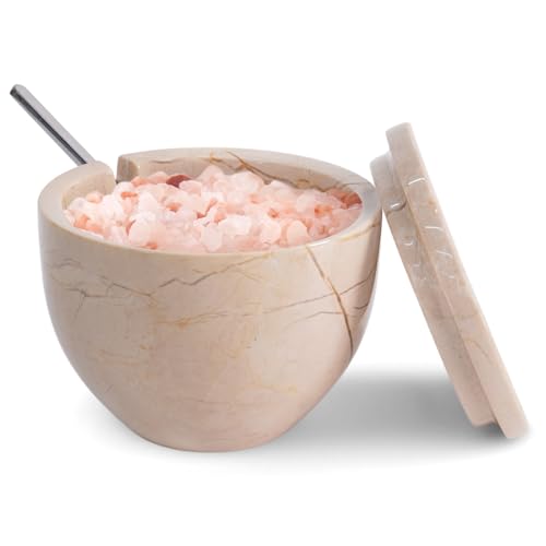 Verona Marmeren zoutkelder met deksel en lepel, 7,5 x 10 cm zoutcontainer voor aanrecht, marmeren zout- en peperkom met deksel