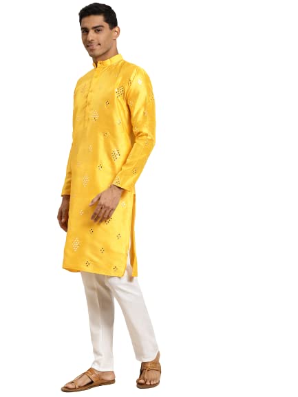 Image of SOJANYA (Since 1958 Men's Cotton Blend Navy Blue & Black Printed Kurta & White Churidar Pyjama Set