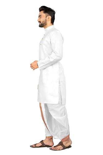 Image of UNIQUE MOMENTS Men's Cotton Dhoti Kurta Set with Full Sleeves Solid Pattern Modern Style and Mandarin Collar Neck | Perfect for Puja & Celebrations