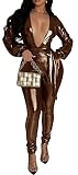 Womens Sexy Long Sleeve Deep V Neck PU Leather Bodycon Belted Party Clubwear Jumpsuit Rompers Brown