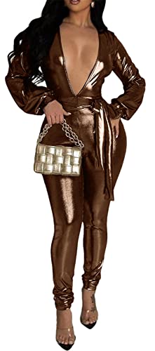 Womens Sexy Long Sleeve Deep V Neck Pu Leather Bodycon Belted Party Clubwear Jumpsuit Rompers Brown #TOP18