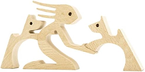 BOBO BIRD Wooden Dog Cat Family Statue, Handmade Wood Decoration Cute Puppy Kitty and People Statue Sculpture Ornament Collectible Figurine Craft Arts for Home Office Living Room