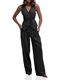 Cicy Bell Womens 2 Piece Outfits V Neck Tie Waist Blazer Vest and Wide Leg Business Suit Pants Sets Black